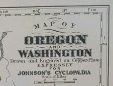 Antique 1885 OREGON WASHINGTON Map ~ Old Original A.J. JOHNSON COPPER PLATE picture