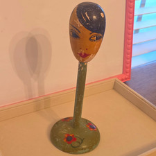 Vintage Hand Painted Wood Female Head Hat/Wig Stand Floral Made in  Germany picture