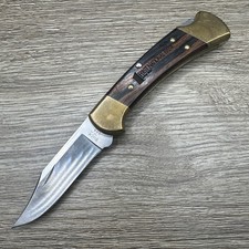 Vintage Buck 112USA Vintage Hunting Wood Handle Knife Plain Blade Lockback  Gre picture