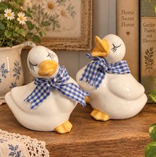 Pair 6” Vintage Taiwan Artmark Ceramic Geese Ducks With Blue Ribbon Cottagecore picture