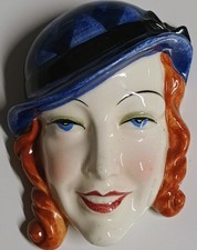 Vtg Art Deco Lady Face Wall Mask Plaque Porcelain Redhead Blue Hat Japan 5x5 picture