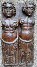 PAIR Antique 16th c. French RENAISSANCE Man Carved Walnut Wood Caryatid Figures picture
