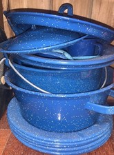 Speckled Blue Enamel LOT 3 Cook POTS 6 plates Granitewear Cookware unused RARE picture