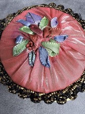 Vintage Round Gold Tone Cosmetic Compact Mirror Pink Floral Fabric Cover 2.9