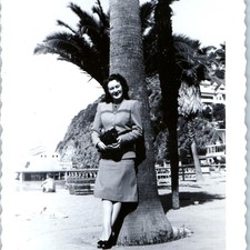 c1940s Avalon Santa Catalina Island CA Snapshot Photo Cute Woman Palm Tree Beach picture