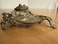 Vintage Art Nouveau 3-Piece Cast Brass Stand & Glass Inkwell Pot Desk Set picture