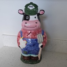 Rare Vintage Hank Holstein Farmer Cow Cookie Jar Red Plaid Chicken 1993 picture