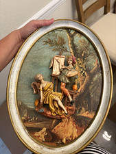 Oval Framed 3D Relief Wall Plaque, Painted Wood Scenic Couple, Vertical picture