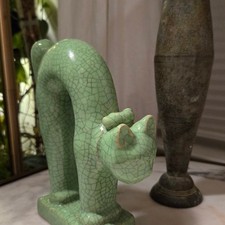 Antique Japanese Celadon Crackle Glazed Green Porcelain Cat Figurine picture