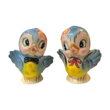 Vintage Lefton Mr & Mrs Blue Bird Salt Pepper Shakers 1950s Japan Label Stoppers picture