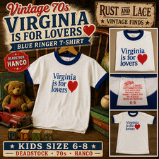 Vintage 70s Virginia Is For Lovers Blue Ringer T-Shirt Deadstock Hanco Kids 6-8 picture