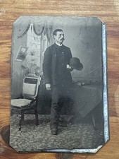 Victorian Bowler Hat Mustache Man Antique 1/6 Plate Tintype Photo Standing⁠ picture