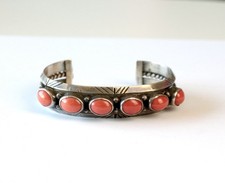 Navajo Coral and Silver Cuff Bracelet 42g Native American Vintage picture