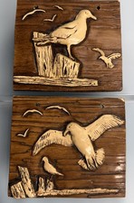 Vintage Orzeck Plaques. Seagulls on Dock & Seagulls In Flight Chalkware. Brown. picture