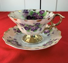 Vtg Lefton China Violets Teacup Saucer Set #108 Hand Painted Footed Gold Trim picture