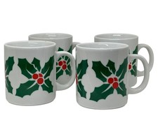 VTG 90s Holly Berry Christmas Mugs Set of 4, Green & Red Ceramic Coffee/Tea Cups picture