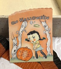 Vintage Halloween Card UNUSED Little Girl w Ghosts Pumpkin 1940s 1950s Meryle picture