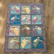 Vintage Angel Hearts Quilt Wall Hanging Hand Quilted 37x47 Pastel Cottage picture