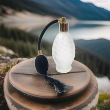 Vintage Frosted Swirl Ribbed Glass Perfume Atomizer Bottle Black Air Bulb Tassel picture