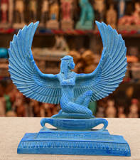 Unique Blue Large Statue of Isis Hand Painted Stone Open Wings Made in Egypt picture