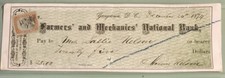 1874 Bank Check $25.00 FARMERS AND MECHANICS NATIONAL BANK with Stamp picture