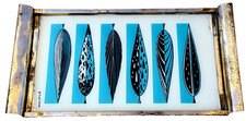 Fred Press Art Glass Brass Serving Cocktail Bar Tray Vtg Mcm Atomic Fish Rare picture
