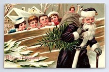 Purple Robe Santa Claus in Snow~with Children~Antique Christmas Postcard~p751 picture