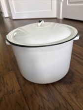 Vintage White Enamelware stock pot Classic black-trimmed rim. picture