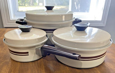 Vintage Mirro 6 Piece Set Saucepans, Stock Pot & Covers USA Almond Brown NEW picture