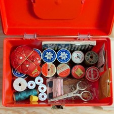 Vintage 1960s 70s Wil-Hold Sewing Box Orange Tray Thread Notions Scissors USA picture