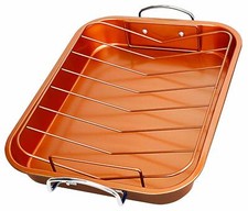 New Non-Stick Copper Ceramic Turkey Roaster Pan W/ Removable Rack picture