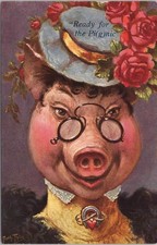 Arthur Thiele Ready for the Pi(g)nic Antique Postcard Anthropomorphic Pig picture
