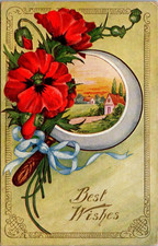 Antique Greeting Postcard Best Wishes Red Flowers Country Home Embossed c1910 picture