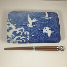 Japanese Sushi Sashimi Dish Plate with Chopsticks Cranes Wave Made in Japan picture