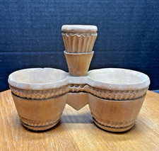 Vtg Polish Folk Art Hand-Carved Wooden Triple Condiment Server Original Label picture