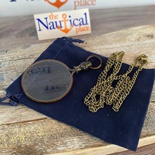 Antique Finish Brass Magnifying Glass w/ Chain, Round Magnifier, Monocle Pendant picture
