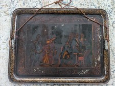 19th ct French Antique Metal Toleware Tray Hand Painted Napoleon, Hanging Rope picture