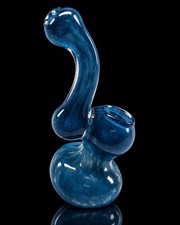 Blue Glass Tobacco Bubbler Pipe Curved Neck Deep Blue Rounded Chamber picture