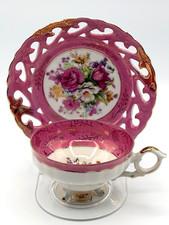 Vintage Pink Floral Porcelain Footed Tea Cup & Reticulated Saucer Set Gold Trim picture