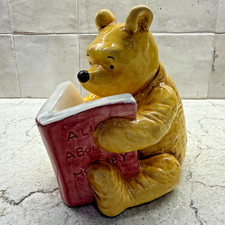 Vintage Disney Classic Winnie The Pooh Ceramic Piggy Bank Reading Book Charpente picture