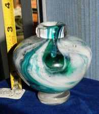 Vintage & Thick TEAL & WHITE Art Glass Paperweight Bud Vase picture