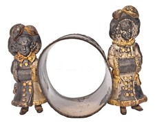 ANTIQUE FIGURAL SILVERPLATE NAPKIN RING w GOLD ACCENTS VICTORIAN GIRLS IN WINTER picture