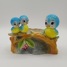 Vtg Anthropomorphic Bluebirds Ceramic Planter Three Birds Stump Unmarked picture