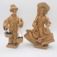 Vintage Burlap Peasant Man & Woman Carrying Produce Figurines Primitive Folk Art picture