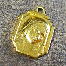 Vintage French Our Lady of Lourdes Religious Medal Pendant Gold Tone Dainty picture