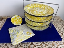 Vintage Yellow White Swirl Enamelware 11 Pc Plates Bowls Set w/ Racks picture