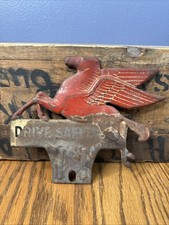 Vintage Original Mobil Pegasus Drive Safely License Plate Topper Sign Oil Gas picture