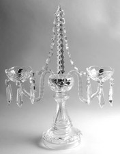 WATERFORD  CANDELABRA w SPIRE, CHAIN, DOUBLE BOBECHE and 12 PRISMS, 21