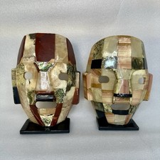 Vintage Mexican Stone Mosaic Mayan Aztec Masks Pair Abalone Onyx 8” picture