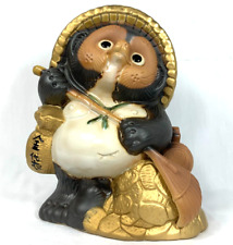 Tanuki Good Luck Badger Figurine Raking Gold Coins Japan Garden Mascot picture